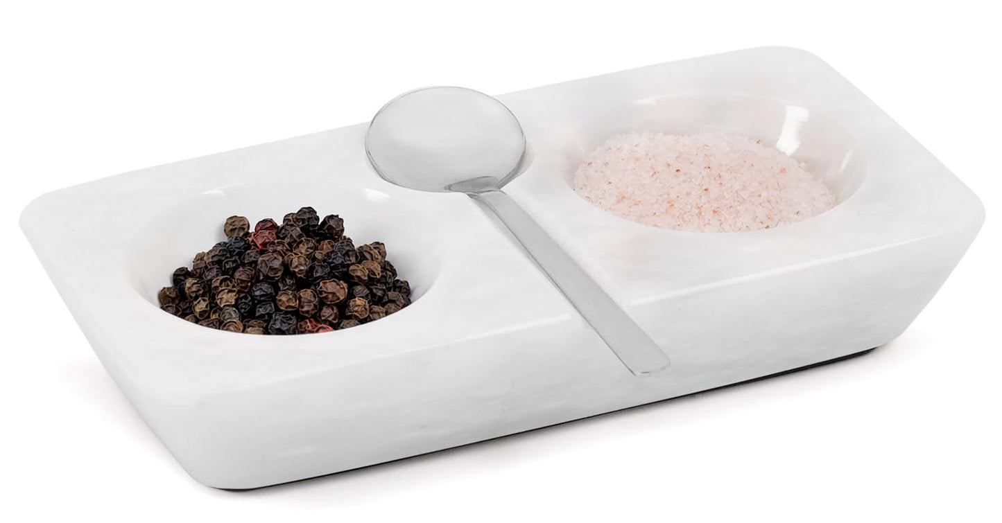 Marble Salt and Pepper Dish with Spoon, Handcrafted Double Spice Tray with 2 Compartments, Natural Stone Condiment Dish for Cooking Prep and Serving - White