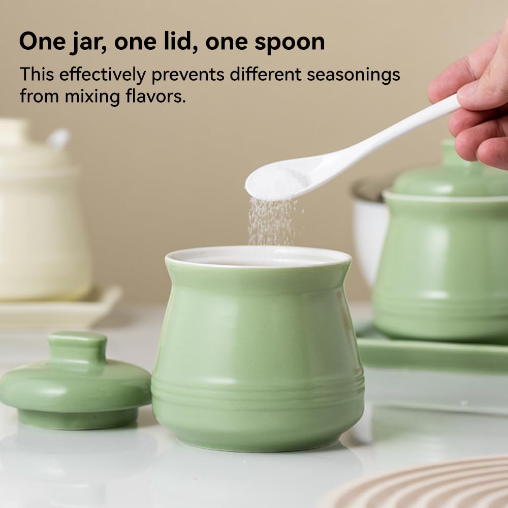 YMYL 2 Pcs Ceramic Sugar Bowls with Lid and Spoon, Farmhouse Seasoning Storage Jar Salt Container for Sugar, Pepper, Coffee, Spice, Salt (Apple Green)