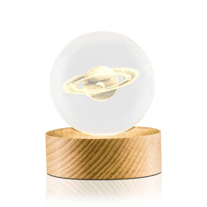 Flexzion 3D Saturn Crystal Ball Night Light - LED Light Hologram Glass Lamp with Solid Wood Base, USB Powered Crystal Ball Lamp with Adjustable Brightness for Home Decor Display Gift, 2.4inch(60mm)