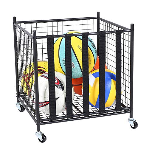 Snail Sports Ball Storage Rolling Cart Lockable Sports Ball Storage Rack with Elastic Straps, Stackable Ball Cage for Garage Storage Organizer, Compact Size But Functional, Matt Black