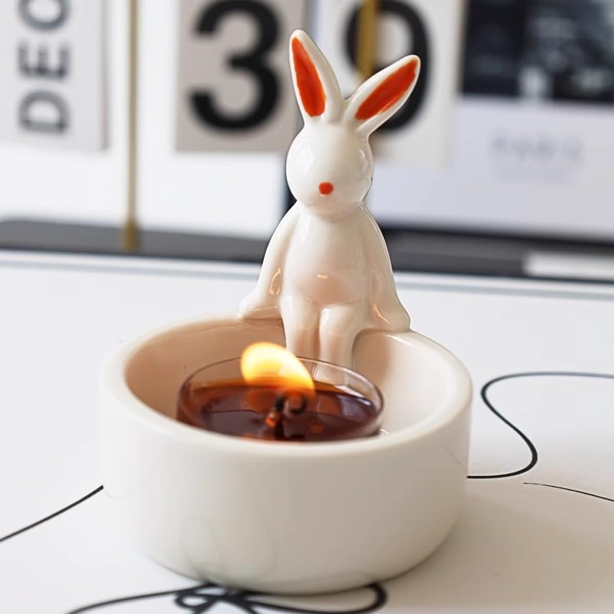 WARMCITY Handmade Animal Candle Holder, Lovely Kitten Canlestick Holder, Cartoon Figures Warming Its Paws Cute Light Holder for Candle Lovers- Candle NOT Included (Rabbit Red)