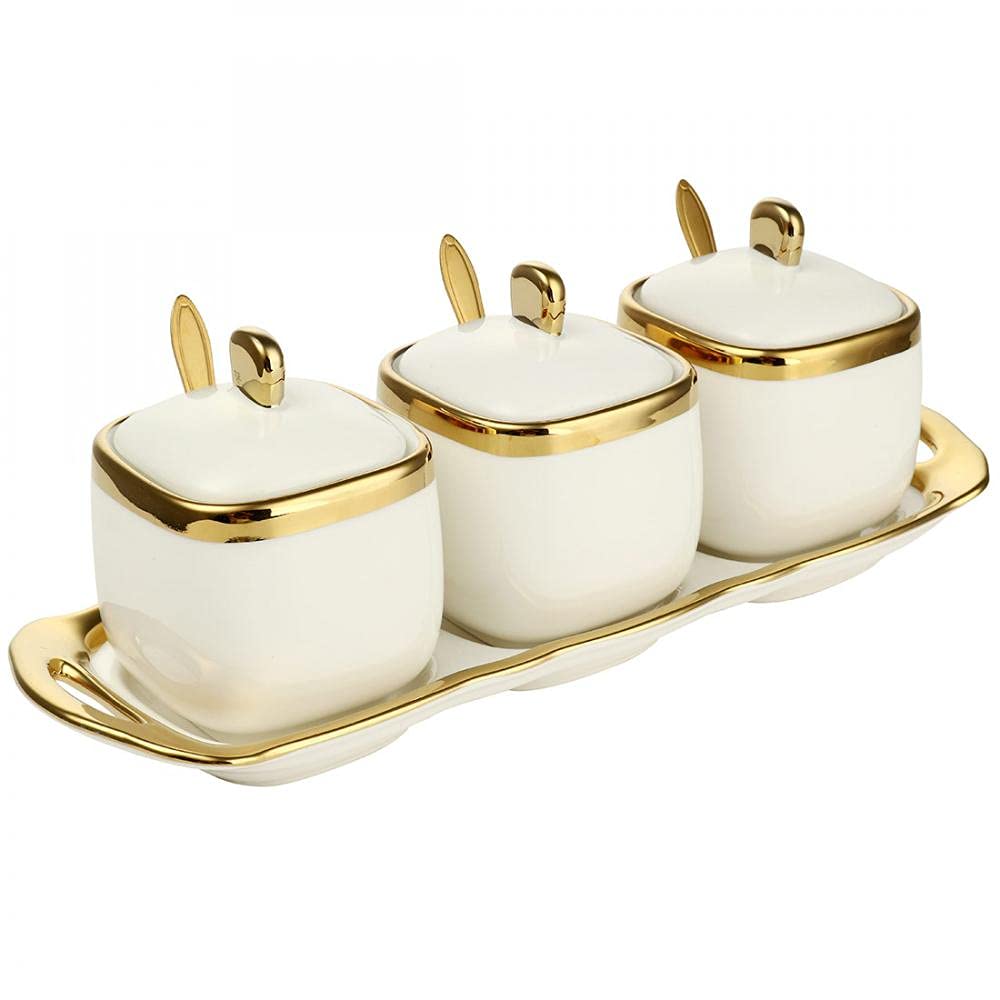 3 pack Ceramic Sugar Bowls Set-Marble Porcelain Spice Jars Storage Containers Condiment Jar Spice Container with Spoons and Lids for Home and Kitchen (White)