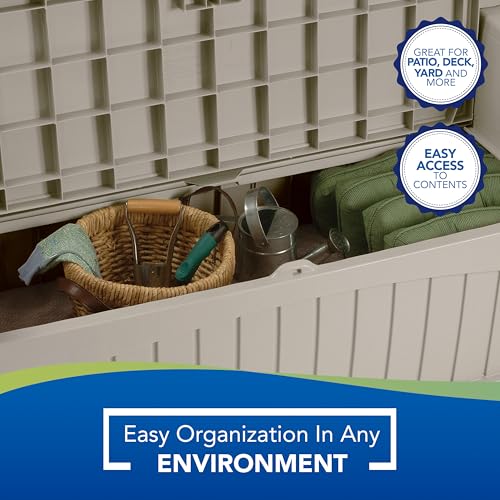 Suncast 50 Gallon Patio Bench with Storage - Decorative Resin Outdoor Patio Bench for Deck, Patio, Garden, Backyard - Ideal for Storing Toys, Cushions, Tools - Taupe ()