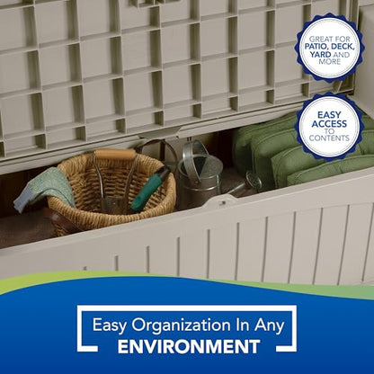 Suncast 50 Gallon Patio Bench with Storage - Decorative Resin Outdoor Patio Bench for Deck, Patio, Garden, Backyard - Ideal for Storing Toys, Cushions, Tools - Taupe ()