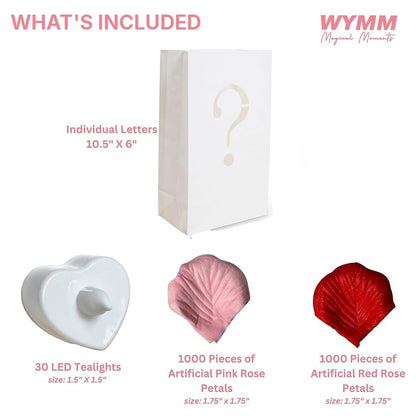WYMM I Love You Light Up Letters with 30 Tea Lights Candles and 1000 Red & Pink Rose Petals - Luminary Bags for Anniversary Decorations, Valentines Day Decorations & Romantic Bedroom Decor