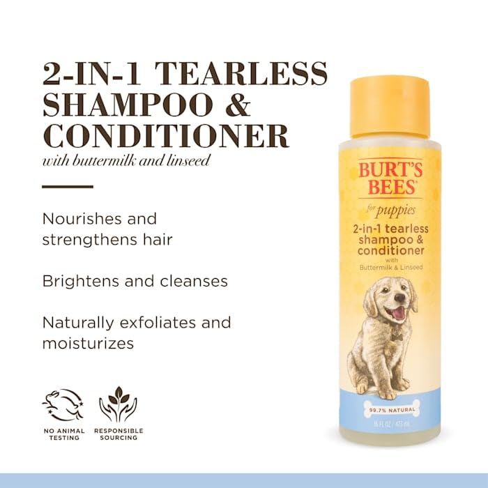 Burts Bees Tearless 2 in 1 Shampoo and Conditioner for Puppies with Buttermilk & Linseed Oil, 473ml, white
