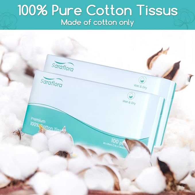 Saraflora 100% Cotton Facial Tissue Soft Dry Wipe 6 Pack, Use