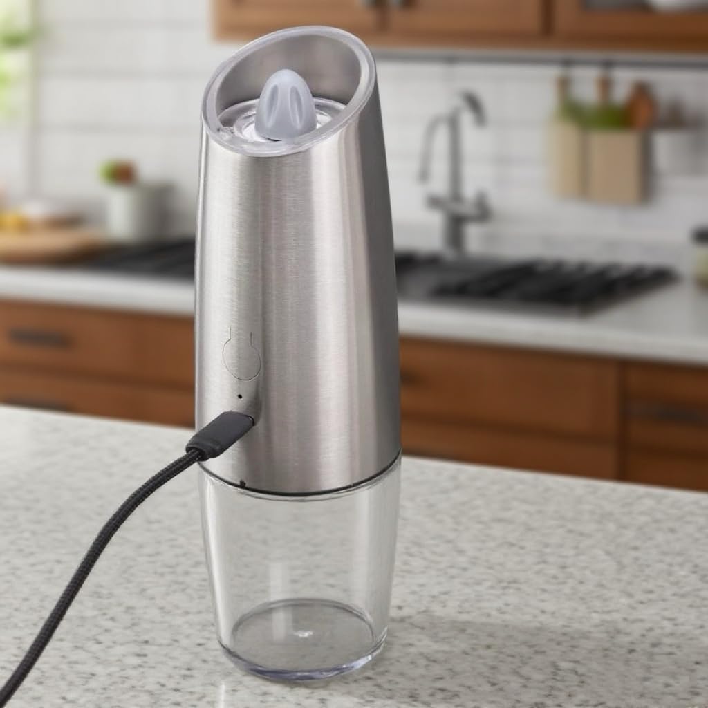 Electric Gravity Activated Salt and Pepper Grinder, Stainless Steel, Automatic Battery Operated; USB Rechargable, Adjustable Coarseness, One-Handed Operation with LED Light