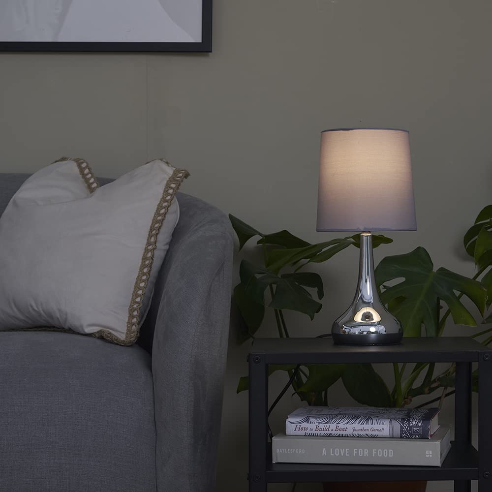 MiniSun | Modern Chrome Teardrop Touch Table Lamps with Grey Fabric Shades | Table Lamps, Home Décor & Improvement Essential | Set of 2 | Includes 5W LED Bulbs [3000K Warm White]