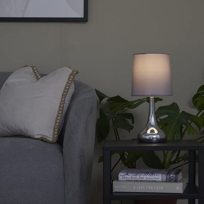 MiniSun | Modern Chrome Teardrop Touch Table Lamps with Grey Fabric Shades | Table Lamps, Home Décor & Improvement Essential | Set of 2 | Includes 5W LED Bulbs [3000K Warm White]