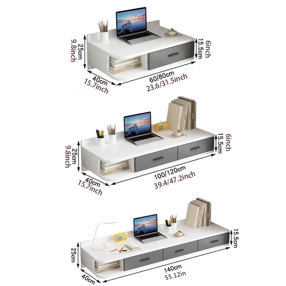 Sxlawesom Wall Mounted Desk, Floating Vanity Makeup Table with Drawer, Space-Saving Wall Organizer Computer Desk for Home Office(White Gray,60x40x25cm)