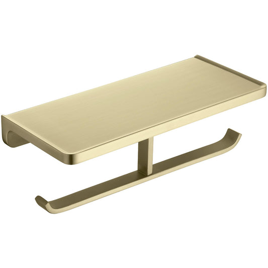 Dual Roll Toilet Paper Holder with Phone Shelf, Solid Metal Bathroom Accessory Tissue Dispenser Storage Wall Mounted, Spot Resist, Brushed Gold