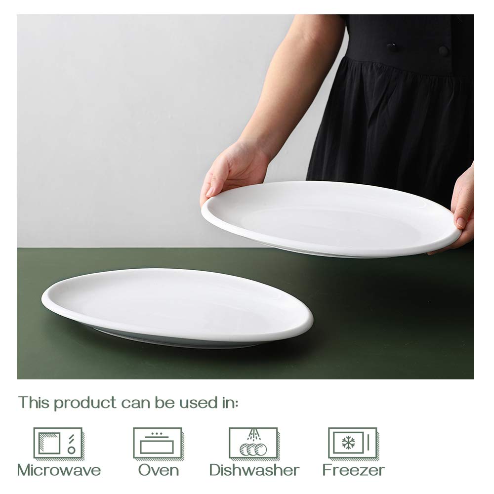 DOWAN 14" Serving Platters for Entertaining, Oval White Serving Plates, Party Serving Trays and Platters Oven Safe, Porcelain Dinner Serving Tray Serving Dishes for Meat, Set of 2
