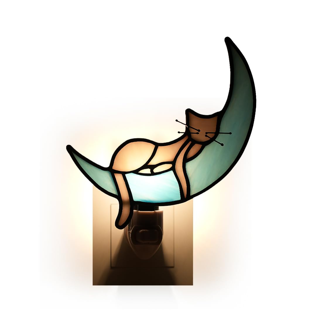 BOXCASA Cat on Moon Decor Stained Glass Night Lights Plug Into Wall Decorative,Night Light Plug in Decor for Children's Room Kitchen Toilet Bathroom,Cats Themed Gifts for Women Cat Lover