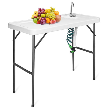 SPORFIT Fish Cleaning Table with Sink, Portable Camping Table w/Flexible Faucet & Sprayer, Drainage Hose Hook Up, Outdoor Fish Cleaning Station for Garden, Backyard, Kitchen (with Sprayer)
