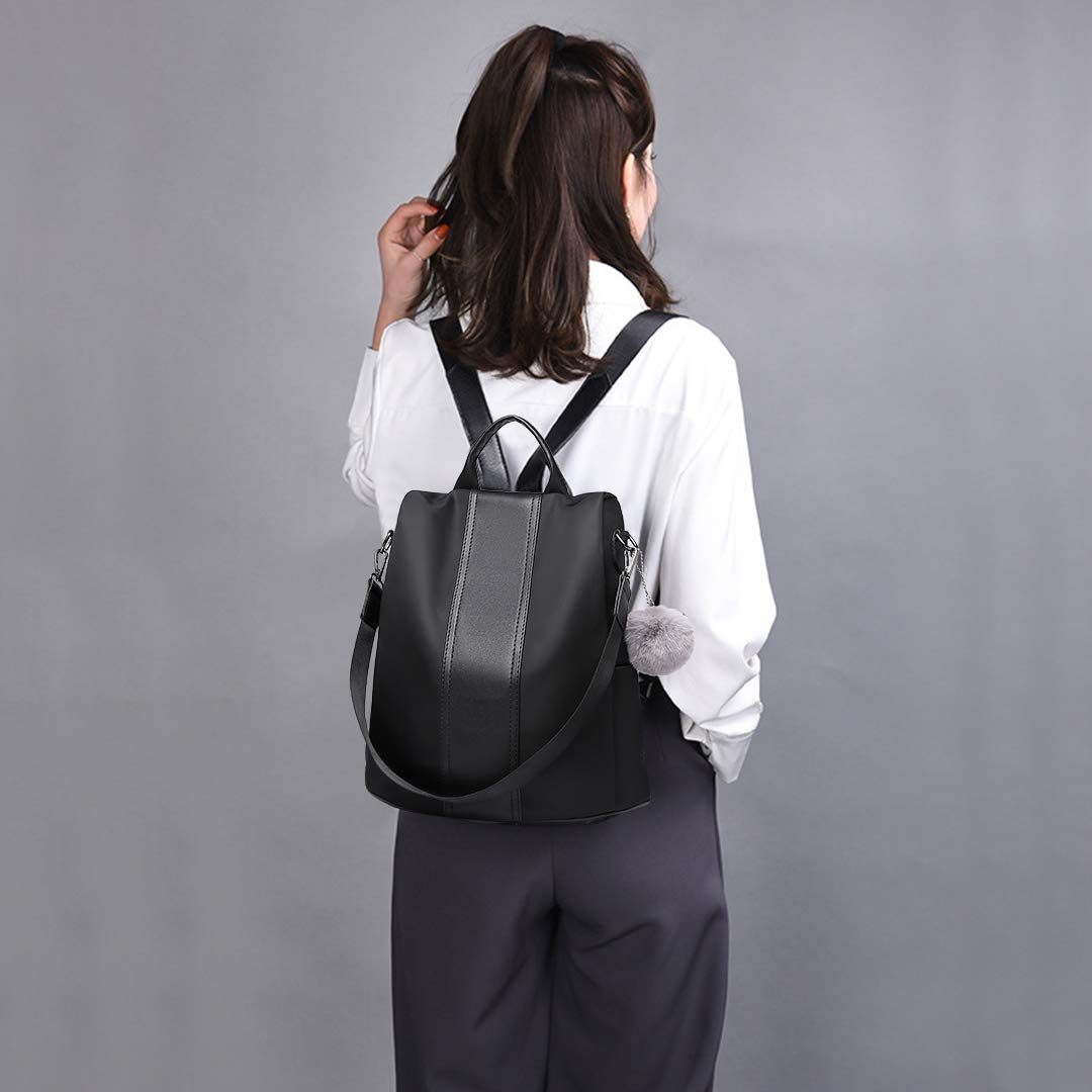 Miss Lulu Anti Theft Backpack for Ladies – Black Waterproof Rucksack School & Work Bag | Womens Backpack Travel Essentials with Pom Pom