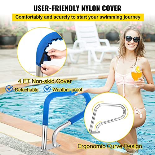 VEVOR Pool Rail 32x23 Pool Railing 304 Stainless Steel 250LBS Load Capacity Silver Rustproof Pool Handrail Humanized Swimming Pool Handrail with Blue Grip Cover & M8 Drill Bit & Self-taping Screws