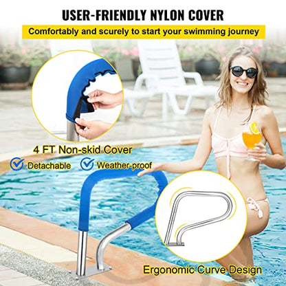 VEVOR Pool Rail 32x23 Pool Railing 304 Stainless Steel 250LBS Load Capacity Silver Rustproof Pool Handrail Humanized Swimming Pool Handrail with Blue Grip Cover & M8 Drill Bit & Self-taping Screws