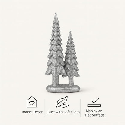 iStatue Sparkle Pine Trees, 7" Resin Tabletop Figurine Double Glitter Trees on One Base Indoor Christmas Decoration, Modern Mantel/Bookshelf Décor (Silver)