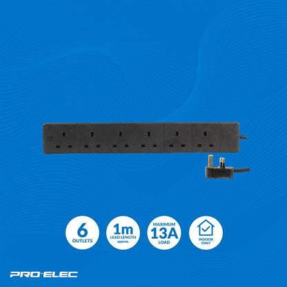 PRO ELEC pl11242 13 A 1 m 6 Way Gang Power Mains Extension Lead Cable - Black
