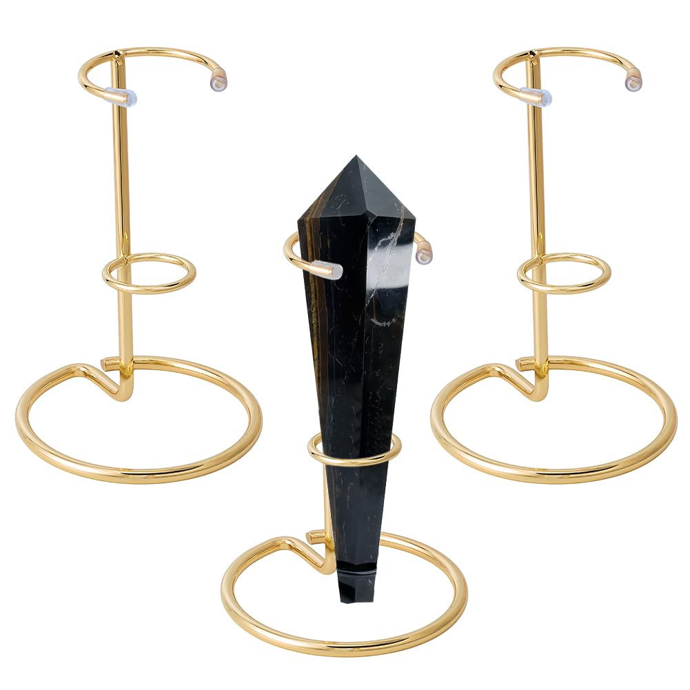 NBEADS 3 Pcs Crystal Wand Display Stand, Rock Display Stands Iron Arms Display Stand Display Easel Holder for Small Gemstones Crystal Mineral Agate, 3.4x5.1inch, Light Gold