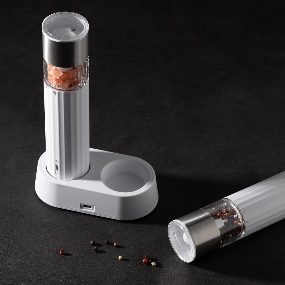 Electric Salt and Pepper Grinder Set, Adjustable Coarseness & Rechargeable, 110ml 2-Pack White Ceramic Core Grinders, Housewarming & Birthday Gifts for Women, Kitchen Gadgets