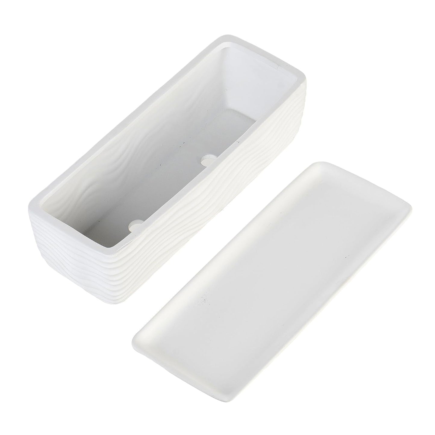 MyGift 12.5 inch Ceramic Planter, Modern Textured Rectangular Succulent Flower Plant Pot with Wave Design and Removable Drip Tray Saucer (White)