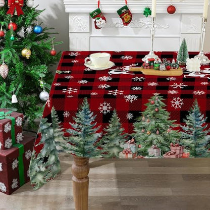 cusugbaso Christmas Tablecloth 60x84 Inches for Rectangle Tables - Christmas Tree Decor for Table - Water Resistant Plaid Xmas Table Cloth, Red Party Decorations for Kitchen, Home