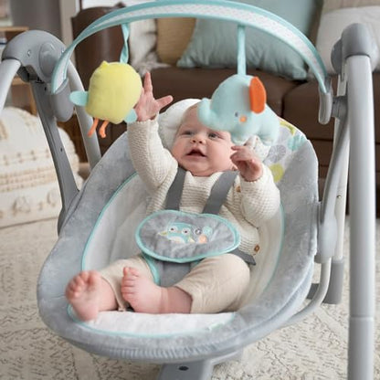 Ingenuity Swing 'n Go 5-Speed Baby Swing - Foldable, Portable, 2 Plush Toys & Sounds, 0-9 Months 6-20 lbs (Hugs & Hoots)
