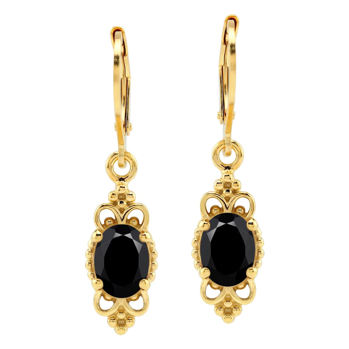 Silvershake 1.94 CTW 8X6mm Natural Oval Shape Black Onyx Gemstone 14K Yellow Gold Plated 925 Sterling Silver Balinese Style Leverback Dangle Earrings Jewelry for Women