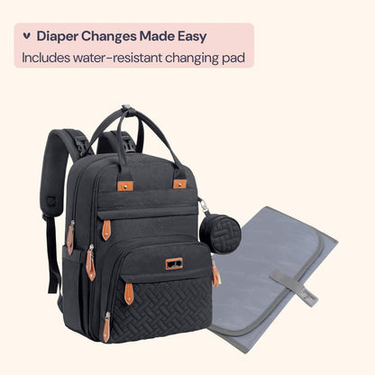 BabbleRoo Baby Changing Bag Backpack, Nappy Changing Back Pack Diaper Bags with Changing Mat & Pacifier Holder for Mom & Dad (Black)