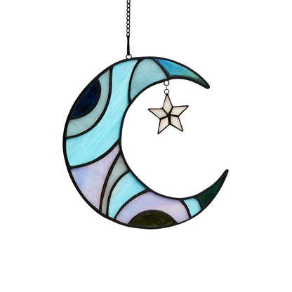 HAOSUM Stars and Moon Stained Glass Suncatcher - Window Decor Gift for Home Indoor - Crescent Moon and Star Decorations for Women