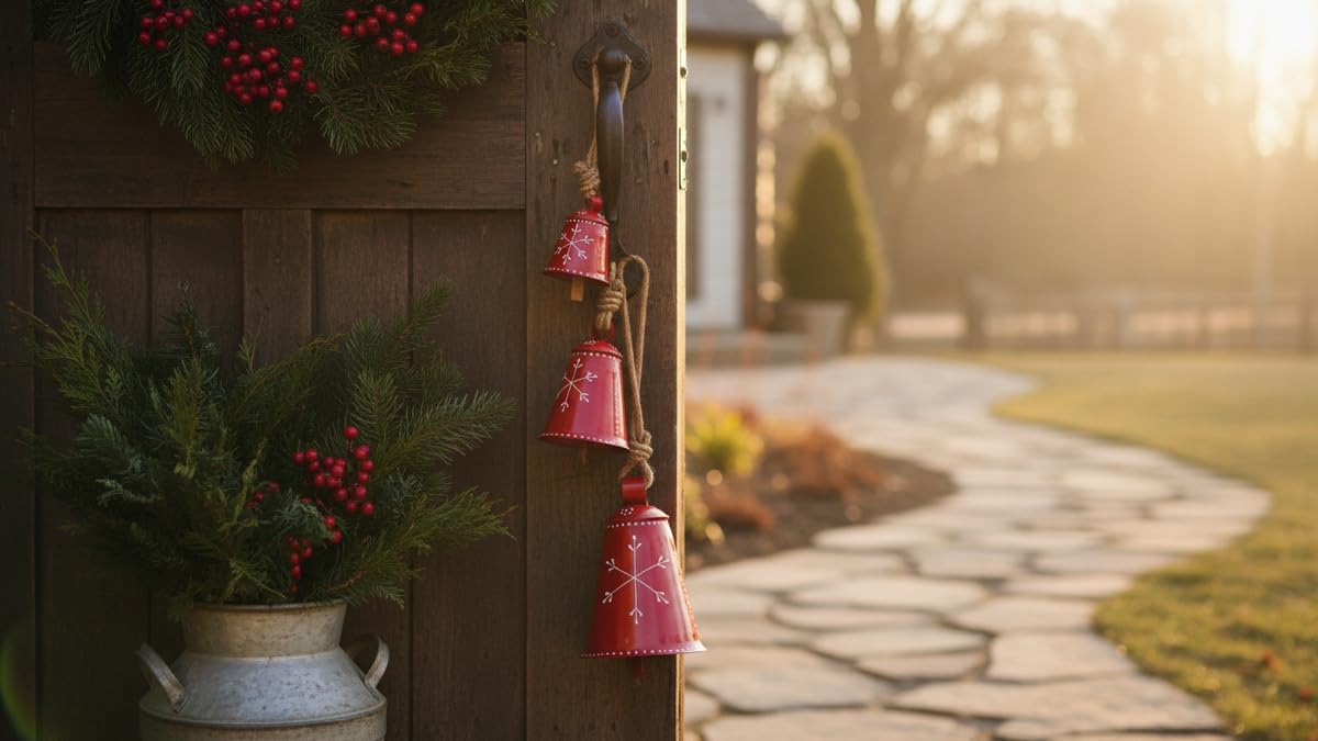 Christmas Bells Rustic Decor Christmas Big Ornaments Handcrafted Hanging Bell Home Decor Bells Set of 3 (Red)