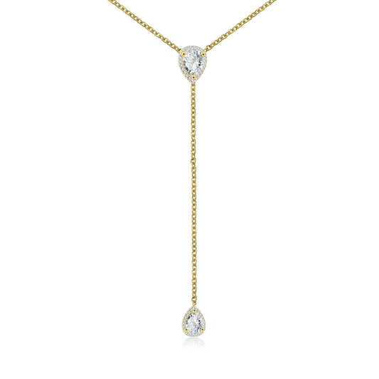 CZ Pear Drop Lariat Necklace 16" with 2.75" Y Drop Adjustable, 14K Yellow Gold Finish