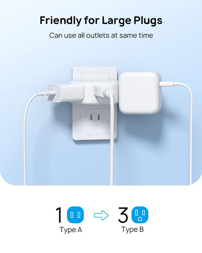 TROND Multi Plug Outlet Extender 2 Pack - Electrical Wall Splitter, 3 Way Angled Wall Outlet Adapter, Cruise Essentials, Small Multiple Plug Expander for Cruise Ship Home Office Dorm Room, White