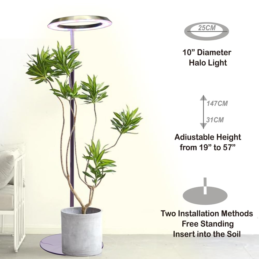 Qux 10” Halo Pro Grow Light,Full Spectrum LED Freestanting Plant Grow Lamp with 3 Kind of Light Colors switchover & 10-Level Dimmable,Auto On Off Timing 4/8/12Hrs for Indoor Larger Plants (Gold)