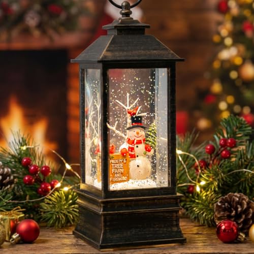10" Christmas Snow Globe Lantern with Farm Snowman，Lighted Swirling Glittering Snow Globes with Music & Timer, Christmas Decorations for Home Tabletop Indoor