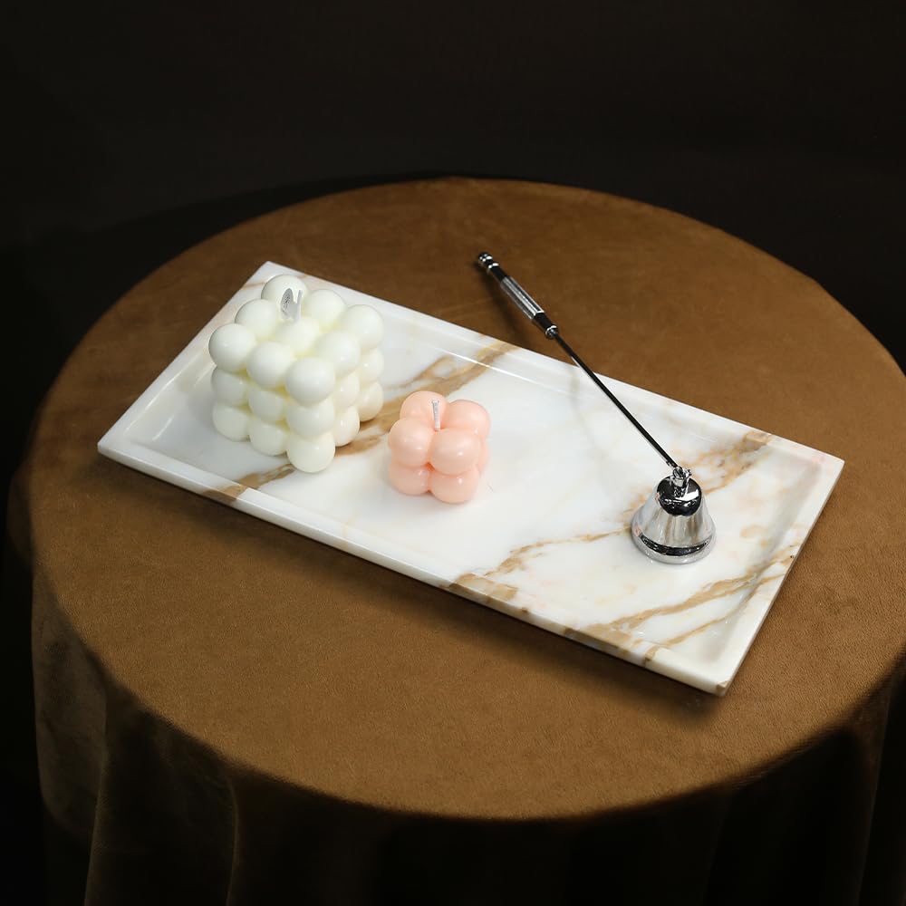 DUANYAN Natural Marble Tray for Kitchen Counter Living Room, Stone Plate for Fruit Jewelry Perfume Cosmetics Key, Decorative Tray for Table Decor (Calacatta-Glod/Rectangular 11.8"x5.9"x0.7")