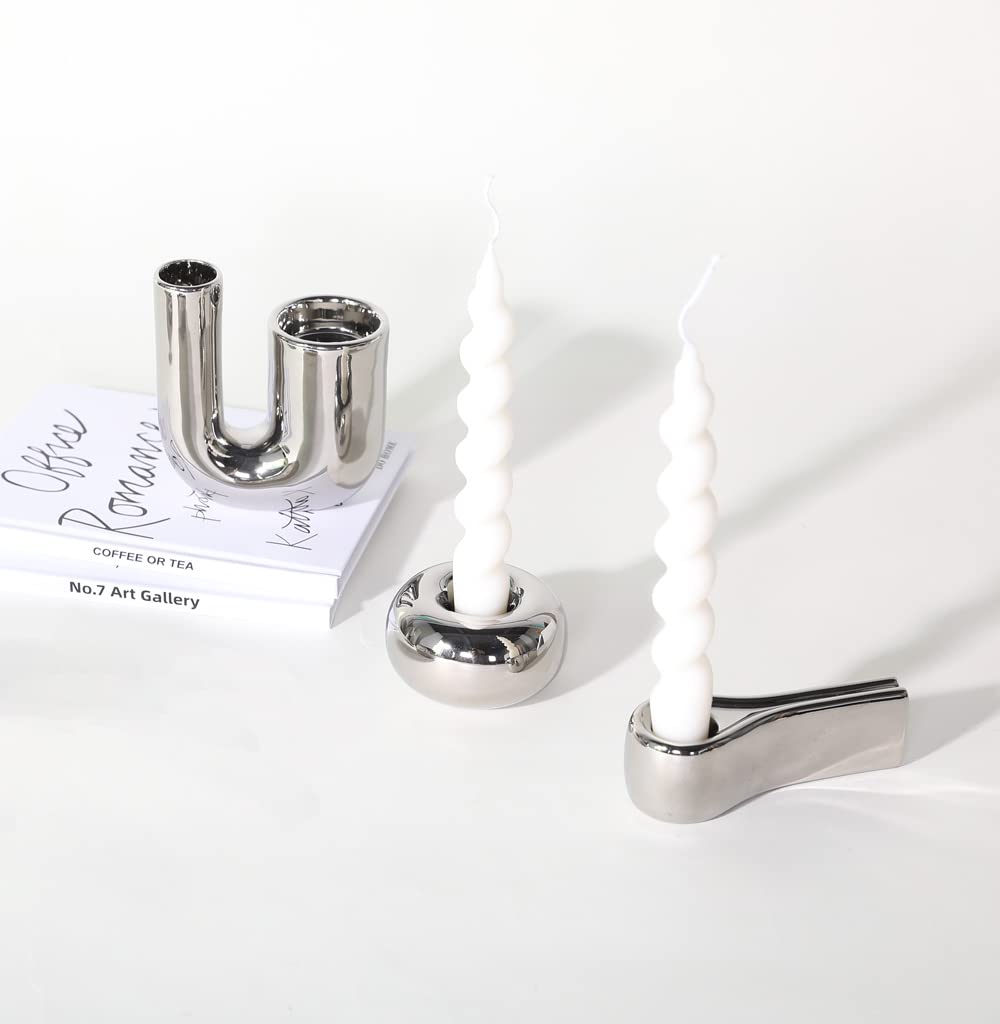 ITrixgan Silver Candlestick Holders, Decorative Taper Candle Holder Set Decor for Table Centerpiece Fireplace, Modern Silver Candle Holders Set, Aesthetic Ceramic Candle Stick Holder