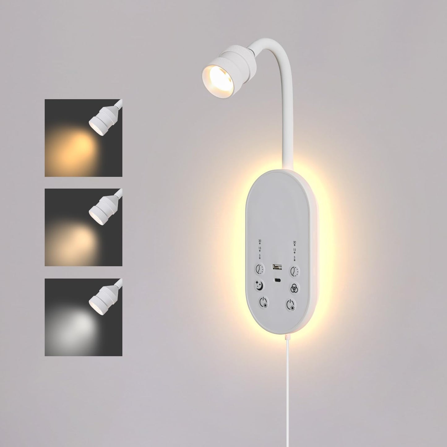 MOLUOLA LIGHTING LED Wall Mounted Reading Light for Bed, Book Light for Reading with Touch Control, Stepless Dimmable, Flexible Gooseneck Bed Light with USB C+A, Night Light & Timers Function (White)
