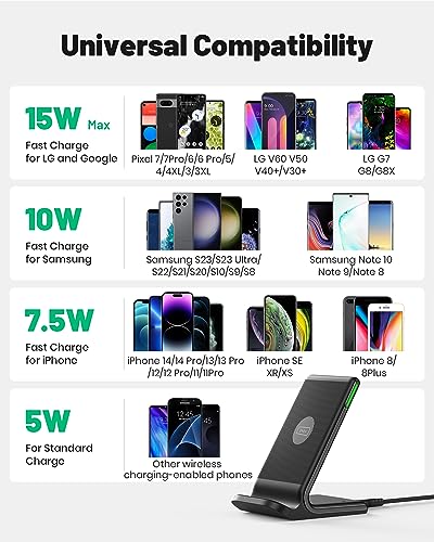 INIU Wireless Charger Stand, 15W Qi Fast Charging Dock Phone Charger, Adaptive LED Wireless Charging Station for iPhone 17 16 15 14 13 12 11 9 8 XR, Samsung S23 S22 S21, LG V40 G8, Pixel 8 7 6 etc.