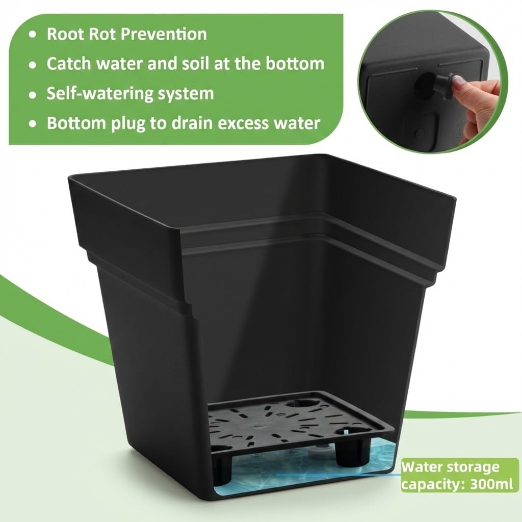 RooTrimmer 6-Pack 7'' Square Planters with Built-in Drainage Tray – Heavy-Duty Black Plastic Planter with Drainage Hole and Bottom Stopper, BPA-Free Plant Pots Matte Finish for Indoor Outdoor