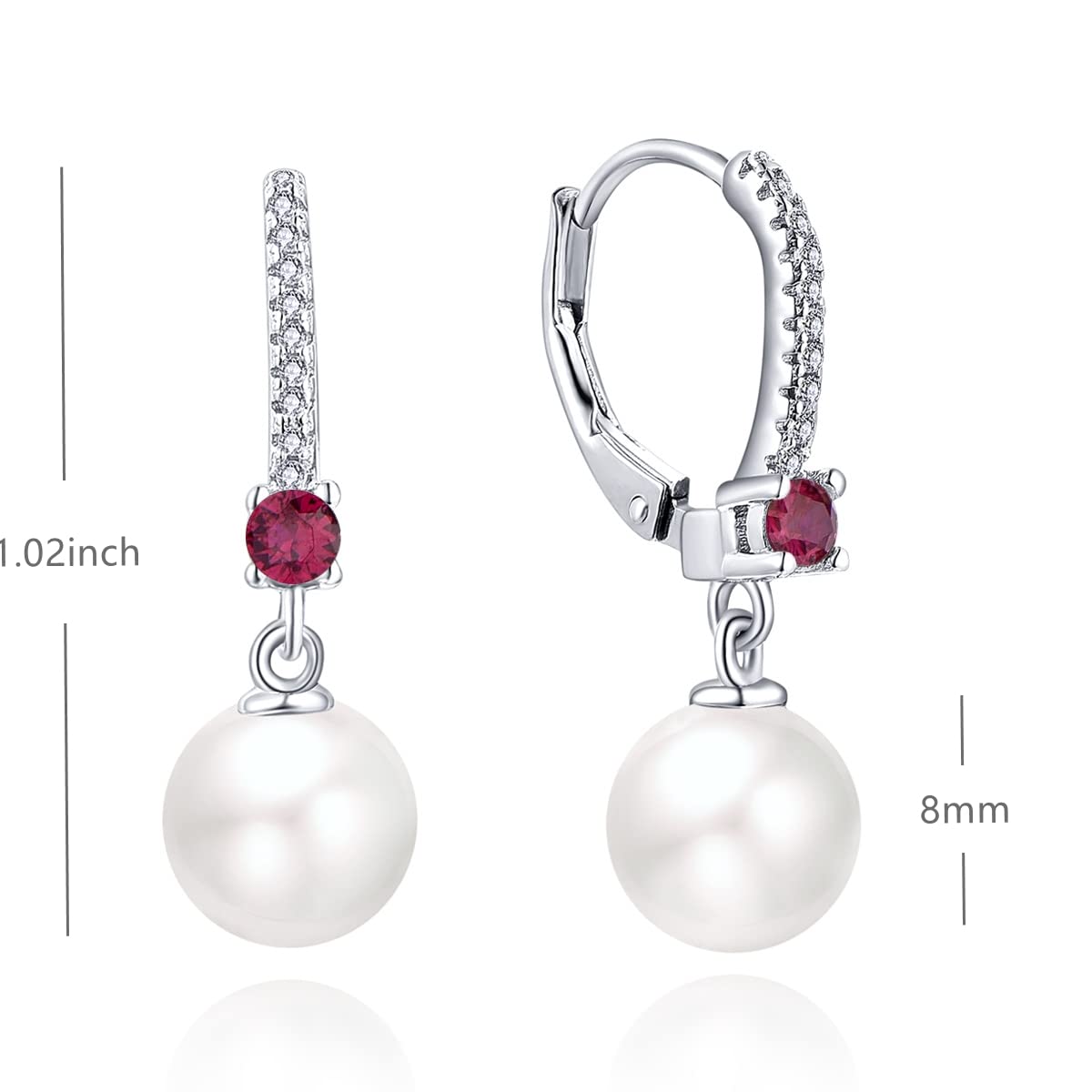 JO WISDOM Pearl Earrings,925 Sterling Silver 3A CZ July Birthstone Ruby Color 8mm Pearl Leverback Drop Earrings,Jewelry for Women