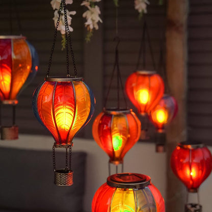 Festive Lights - 45cm Solar Power Rainbow Stain Cool Fiesta Realistic Flame Outdoor Hanging SMD LED Hot Air Balloon Lantern - Multicoloured Glass Effect Flaming Garden Light with Handle