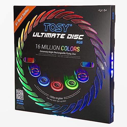 TOSY Flying Disc - 16 Million Color RGB or 36 or 360 LEDs, Extremely Bright, Smart Modes, Auto Light Up, Rechargeable, Cool Fun Christmas, Birthday & Camping Gift for Men/Boys/Teens/Kids, 175g frisbee