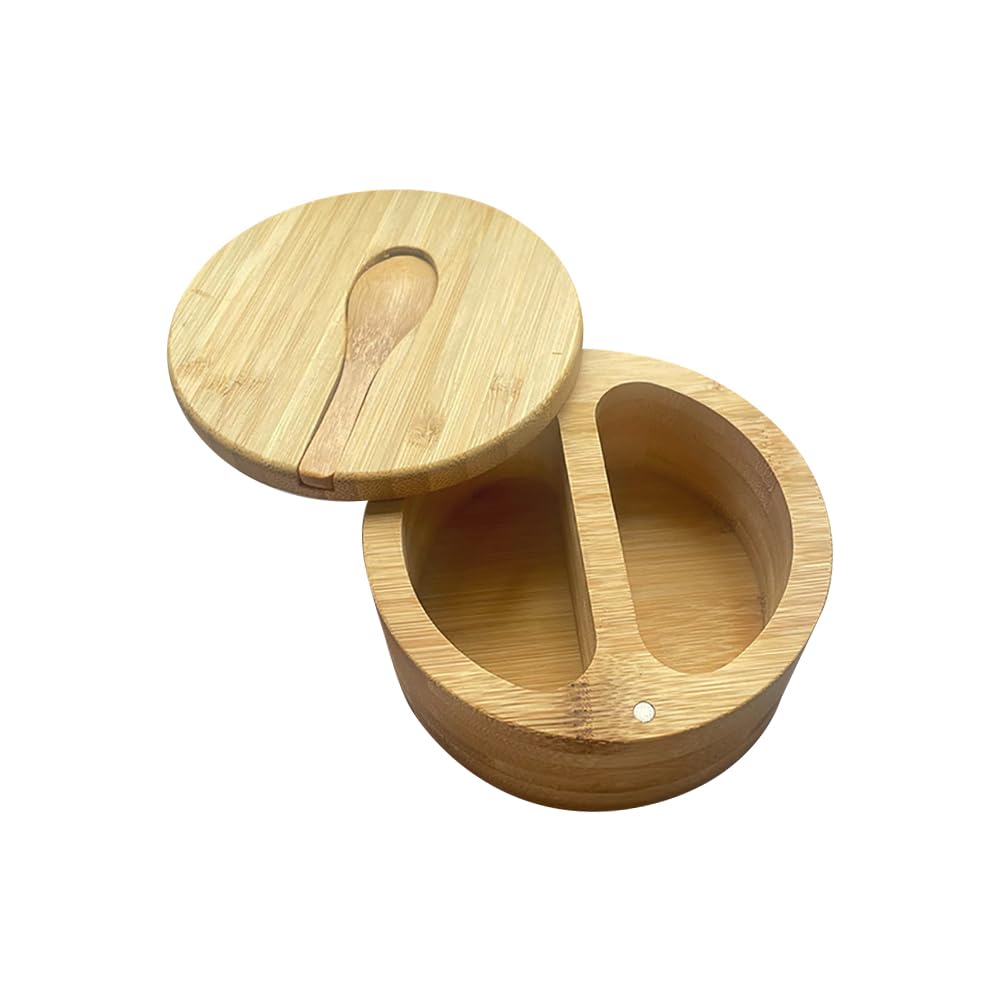 GSHLLO Bamboo Salt Container with Two Compartments Pepper Box with Swivel Lid Spoon Sea Salt Cellar Bowl Spice Holder Canisters Kitchen Seasoning Storage Jar for All Kinds of Spices