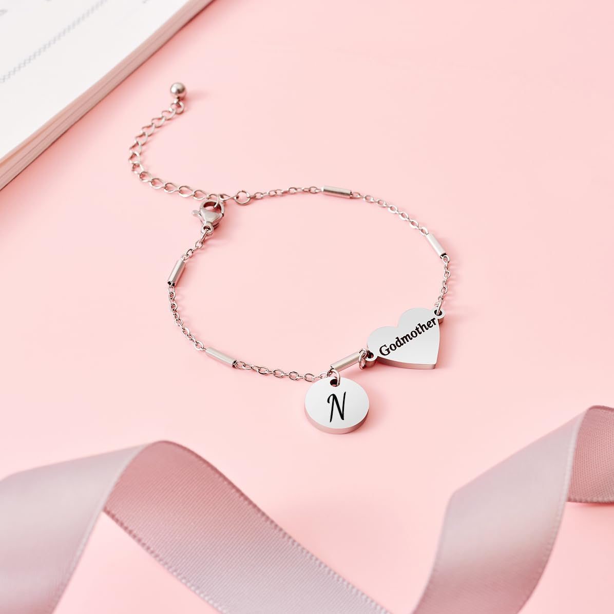 CHENVA Godmother Gifts Initial Bracelet Bangle for Women Gift for Godmother from Goddaughter (Godmother Bracelet N)