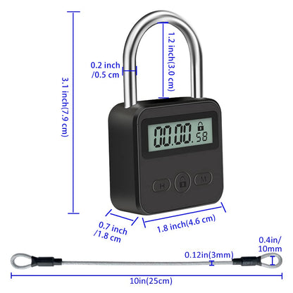 Metal Timer Lock, LCD Display Multi-Function Electronic Time, 99 Hours Max Timing, USB Rechargeable Timer Padlock (Black)