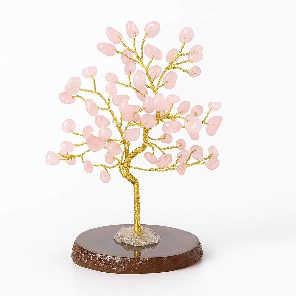 Real Crystal Tree of Life, Pink Rose Quartz Bonsai Money Tree with Agate Base, Spiritual Gemstone Feng Shui Decor with Gold Wire, Housewarming Birthday Gift (Rose Quartz (Pink))