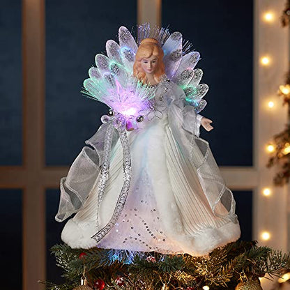 Kurt Adler LED Fiber Optic Angel Figurine, 12-Inch, White and Silver